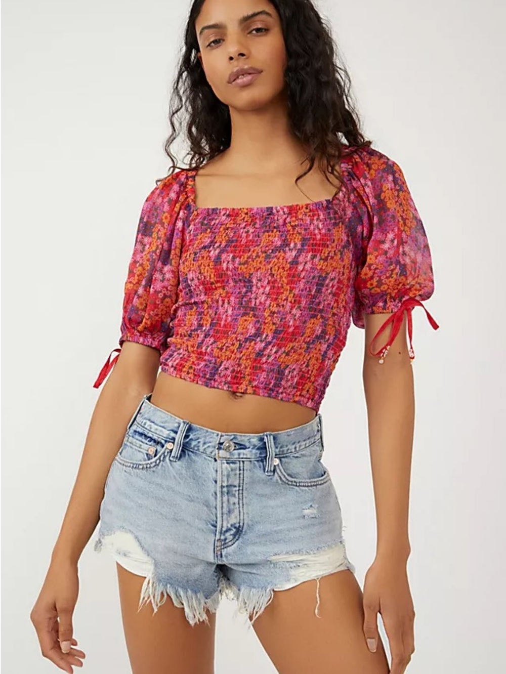 Free People Pink Multi Floral Smocked Puff-Sleeve Crop Top